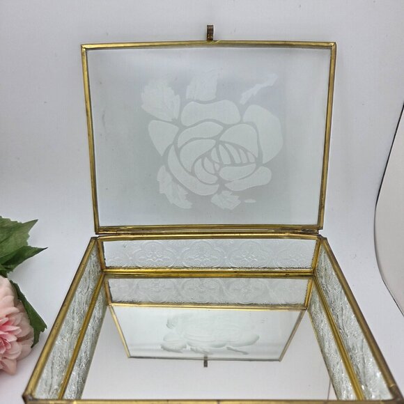 Vintage Glass Mirrored Jewelry Trinket Box Etched Rose Brass Mid Century - Picture 9 of 14